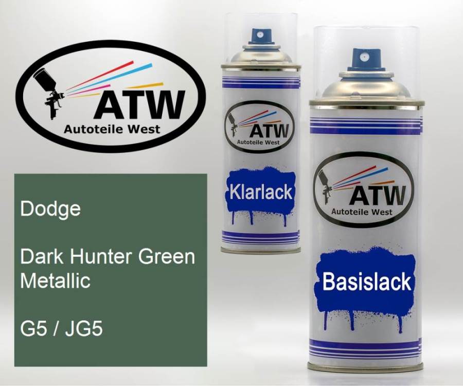 Dodge, Dark Hunter Green Metallic, G5 / JG5: 400ml Sprühdose + 400ml Klarlack - Set, von ATW Autoteile West.